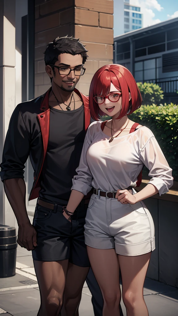 Woman with red over-the-shoulder bob hair wearing glasses with a loose blouse and low-breasted shorts, and a dark-skinned male friend who wears glasses,Scrawny, low hair with everyday clothes, they are together and both laughing