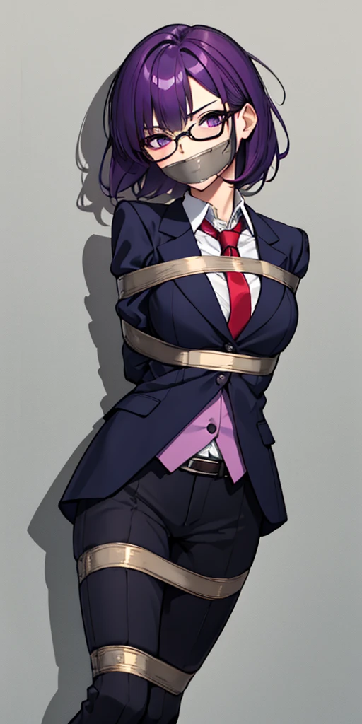 (masterpiece), best quality, expressive eyes, highres, anatomically correct, 1girl, perfect face, perfect hands, female, short hair, messy hair, wavy hair, purple hair, side bang, purple eyes, fair skin, medium chest, slight smirk, bondage, tied up, restrained, restricted, tied, harness, rope, arms behind back, hands behind back, purple glasses, purple suit, tie, pants, vest, blazer, gloves, gagged