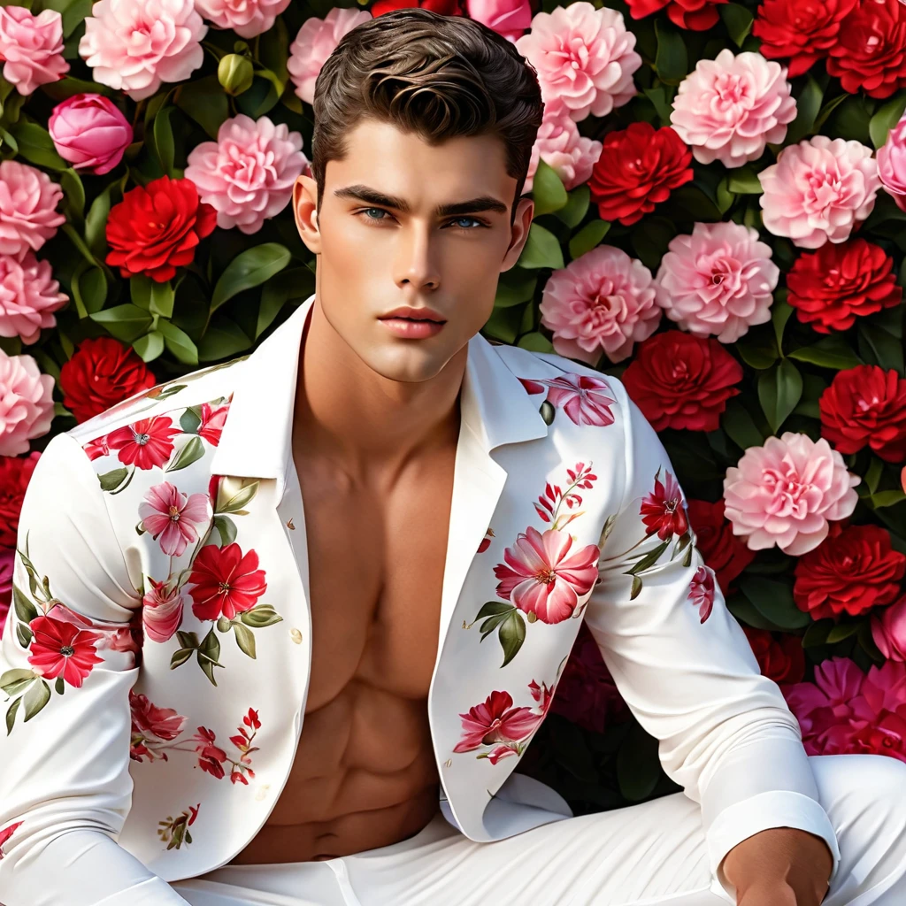 Create a candid and ethereal fashion editorial photograph of a charming 23 year old male supermodel of mixed Manuel Ríos Fernández and Sean O’Pry. He has an angelic, symmetric face with a short silver platinum buzzcut hairstyle, a natural olive skin tone, an athletic, toned body exuding exotic allure. The model is lying amidst a lush colorful bed of flowers, reminiscent of an enchanted garden. The vibrant flowers in various shades of red, pink, and white, surround him, creating a striking contrast against his smooth skin. The setting captures a serene almost dreamlike atmosphere, with the model looking relaxed and at peace. Ensure the image is high-quality, boasting high resolution and realism, with ultra-realistic and photorealistic rendering. Emphasize exceptional definition, natural tones and intricate details. The lighting should be soft and romantic, adding depth and mystique to the scene, enhancing the viewer's experience. Pay attention to the play of light and shadow on the model's smooth skin and ensure his eyes and soft expression invite viewers to immerse themselves in the surreal ambiance. The photograph should evoke a sense of wonder harmoniously blending the ethereal beauty of the male supermodel with the enchanting floral setting. Envelop the viewer in its undeniable allure, paying close attention to the arrangement of body parts and surrounding objects, correct body composition, and photo distance.
