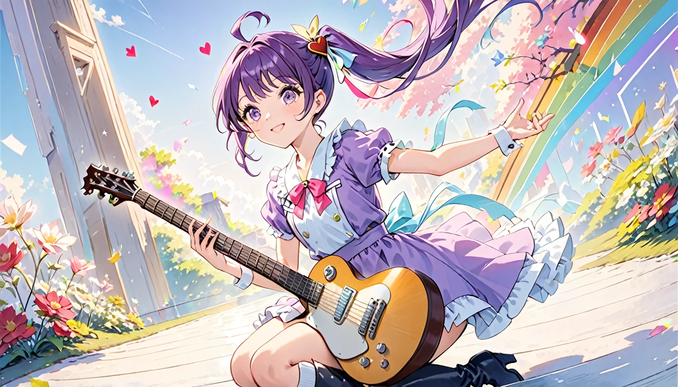 1girl、masterpiece、Highest quality、(Super detailed)、Beautiful body、(Perfect Anatomy:1.2)、Beautiful face and eyes、((pastel colour))、Perfect lighting、(An illustration:1.1)、 (smile:1.1)、cute、happiness、 (Dynamic composition:1.1)、(Dynamic Pose:1.1)、(Cute pose:1)、(Dutch Angle:1.2)、action、Cowboy Shot、 stream、(no gravity:1.2)、 Rainbow、break、 (Colorful Rings Background)、(Note:1.45) (Streamlined colorful background)、(Floating sensation 1.2)、(Model pose:0.5)、(Love Guitar Rod:1.4)、(Guitar Playing:1.5)、Flat Chest、Kneeling、 Cure Beat、Purple Hair、Side Ponytail、1ahoge、Thigh-high boots、Puffy short sleeves、Wrist cuffs、ribbon、jewelry、Good eyes、Heart Hair Ornament、(Golden Ratio:1.25)