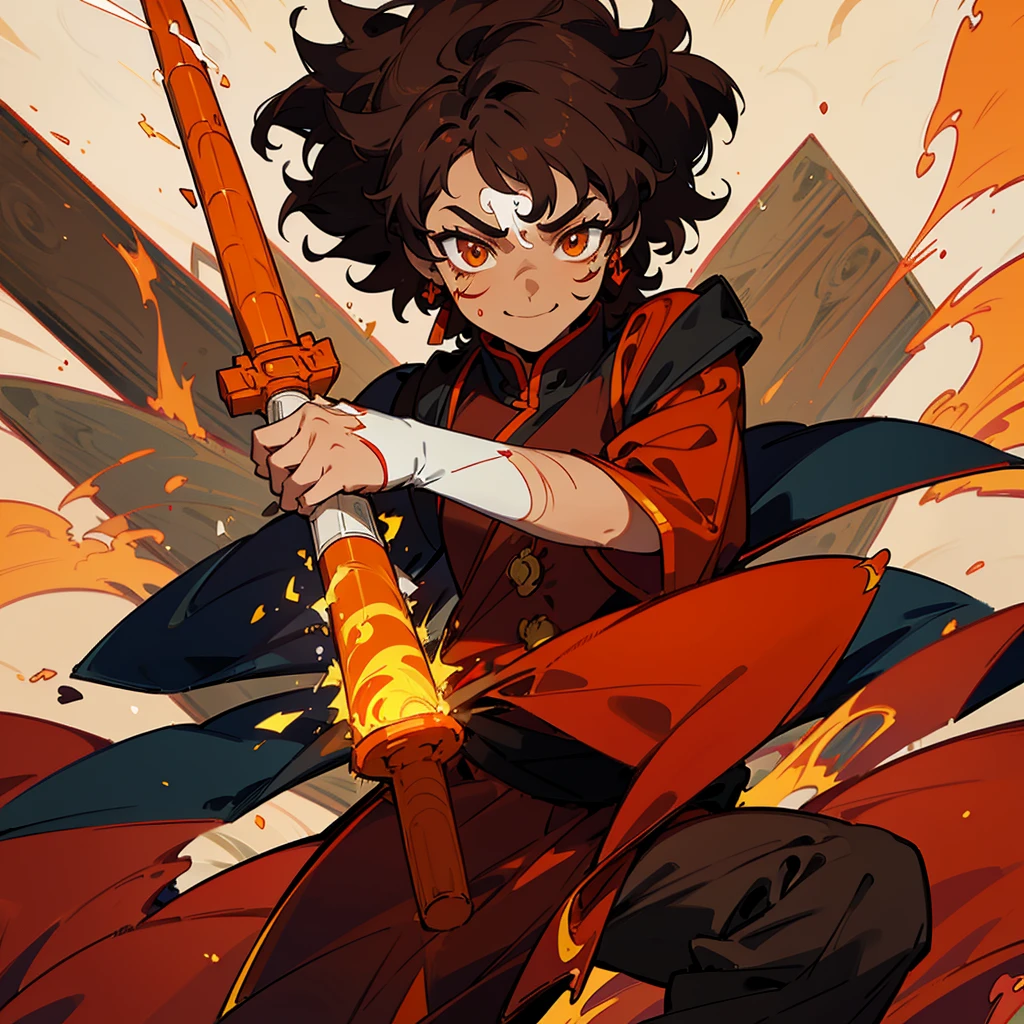 (a detailed 18 year old boy with dark brown curly hair, dark skin, smiling, firepower, anime avatar, 8k resolution, fire nation zuko clothes, avatar the last airbender, golden eyes, severe burn scars across entire face, close up, fire nation noble, black boy, holding a giant hammer, harley quinn's hammer, prince zuko, prominent facial scar)