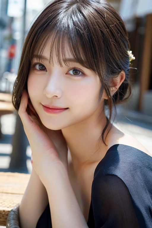 (Highest quality:1.5)、(Realistic:1.5)、(1 person:1.5)、Very detailed、finely、High resolution、8k wallpaper、Perfect dynamic composition、Small breasts、Natural color lip、Cute Smile、Japanese women、20-year-old girl、Beautiful and elaborate face、Perfect and beautiful face、Beautiful and exquisite、Big eyes、Brunette's eyes、Beautiful and elaborate face、Perfect and beautiful double eyelids、Natural Bangs、Beautiful thin nose、Beautiful Skin、Chestnut Hair、Hair tied up、Natural Bangs、Open Cafe、Terrace seats、Perfect and beautiful face、Natural pose、Slim face and figure、(Looking into the camera)、Bright lighting、Professional Lighting、Front lighting、Bold sexy pose、Natural smile、Make it cold、Holter shoulder、Beautiful clavicle、yukata、The color of the yukata is light blue..(A sexy shot of her looking straight into the camera)、