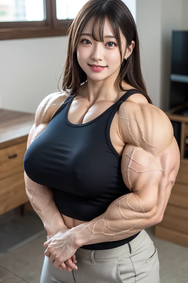 (Best quality,masterpiece,ultra detailed,8K,RAW photo,realistic,high resolution:1.2),(Pretty Japanese girl),(Super huge tits:1.4),(light brown hair),(tank top,trousers:1.4),(muscular:1.7),(shoulder length),(light smile)