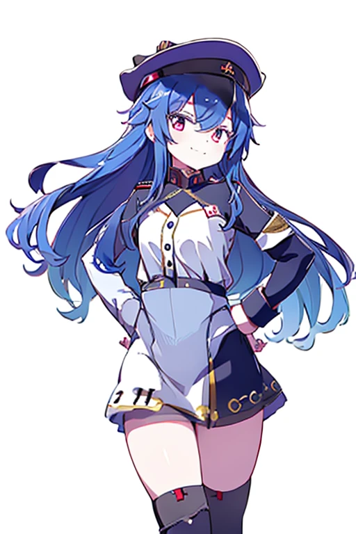 (masterpiece),best quality, perfect face, 1girl, evil smile, hands on waist, beautiful, blue hair, blue hair, floating clothes, waist grab, grabbing waist, red eyes, hands on hips, legs on ground, flat chest, military suit, uniform, miniskirt, black leather thigh boot, leather gloves, white background, military uniform, military, looking at the viewer, military hat,