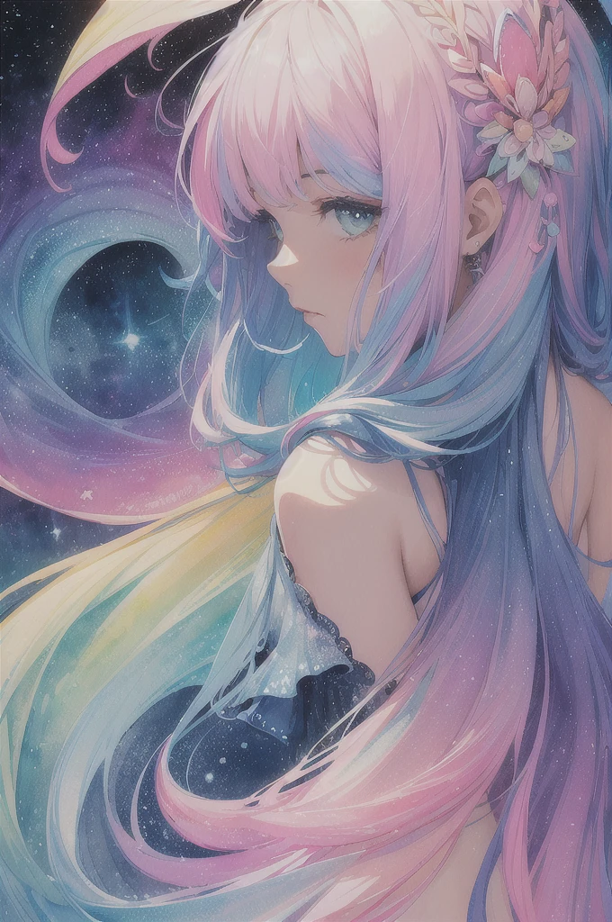 (masterpiece, top quality, best quality,watercolor (medium),official art, beautiful and aesthetic:1.2),(1girl:1.3), (fractal art:1.3),upper body, from side, looking at viewer,patterns,(rainbow color Hair,colorful hair,half blue and half pink hair:1.2),water,liquid, cloud,colorful, starry,stars,