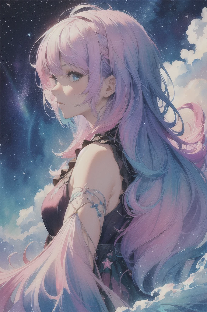 (masterpiece, top quality, best quality,watercolor (medium),official art, beautiful and aesthetic:1.2),(1girl:1.3), (fractal art:1.3),upper body, from side, looking at viewer,patterns,(rainbow color Hair,colorful hair,half blue and half pink hair:1.2),water,liquid, cloud,colorful, starry,stars,