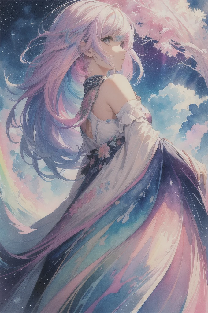 (masterpiece, top quality, best quality,watercolor (medium),official art, beautiful and aesthetic:1.2),(1girl:1.3), (fractal art:1.3),upper body, from side, looking at viewer,patterns,(rainbow color Hair,colorful hair,half blue and half pink hair:1.2),water,liquid, cloud,colorful, starry,stars,