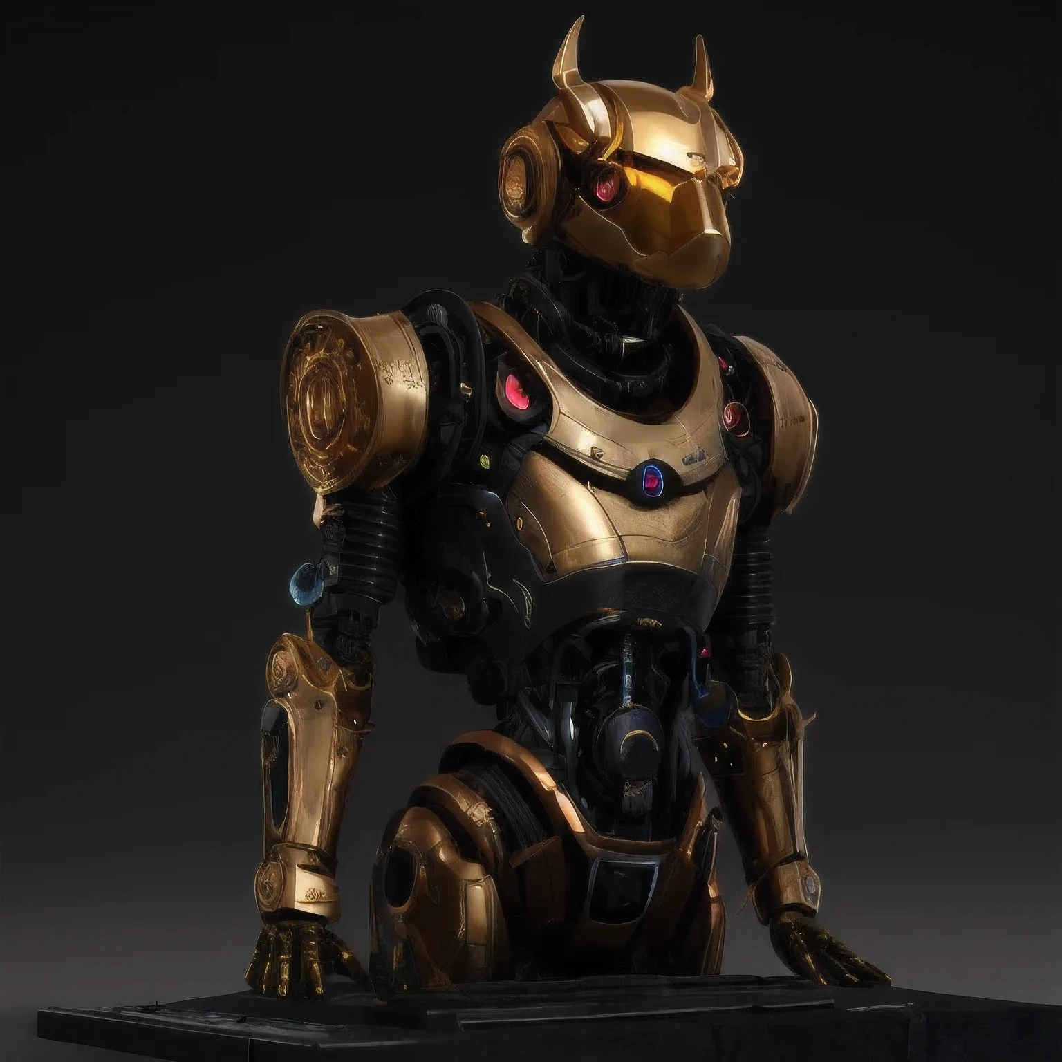 statue of a golden robot on a black surface, cute elaborate epic robot, greek in mecha style, cyber steampunk 8 k 3 d, detailed cosmic angelic robot, the golden humanoid robot, sci - fi armour, detailed humanoid, 3 d 8 k octan render, sculpture of moloch, rendered in keyshot