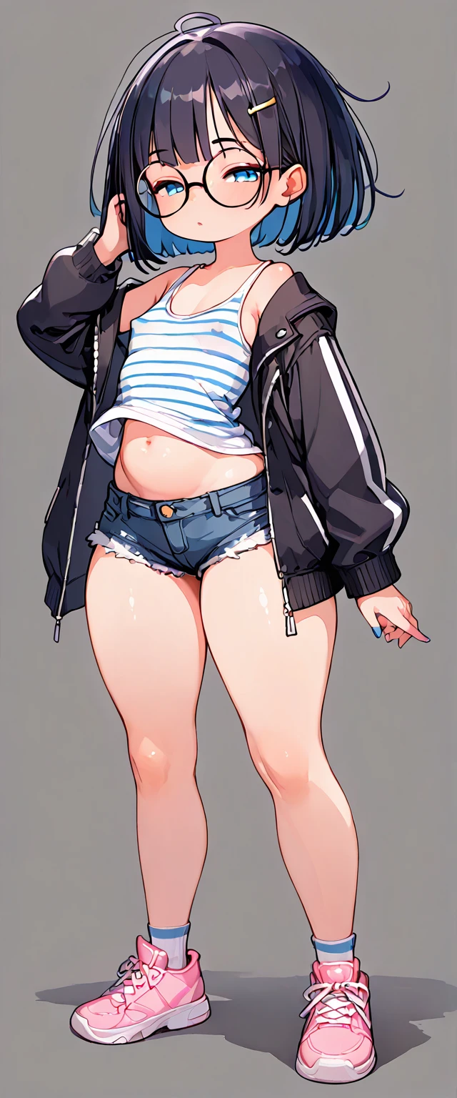 (masterpiece), (best quality), ((ultra-detailed)), (high resolution), (an extremely delicate and beautiful, super fine illustration), official art, BREAK (1girl), (:1.8), (tiny girl:1.6), (8yo)lat chest:1.4), (Plump:1.2), (thick stomach:1.2), (Thick thighs:1.8), (big ass:1.5), erect nipples, Huge areola, large nipples, (long nipples:1.4), erect nipples, oily skin, BREAK droopy eyes, (emerald blue eyes:1.3), (bad mood:1.5), (clear face:1.5), (half closed eyes:2.1), BREAK (bob cut:1.3), tired hair, messy hair, blue colored inner hair, Black hair color, (girl wearing round black glasses), BREAK (blue striped cropped white tank top:1.7), (white anklesocks:1.3), (cropped black jacket:1.6), (micro shorts:1.5), (pink sneakers:1.4), (front view:1.5), full body,