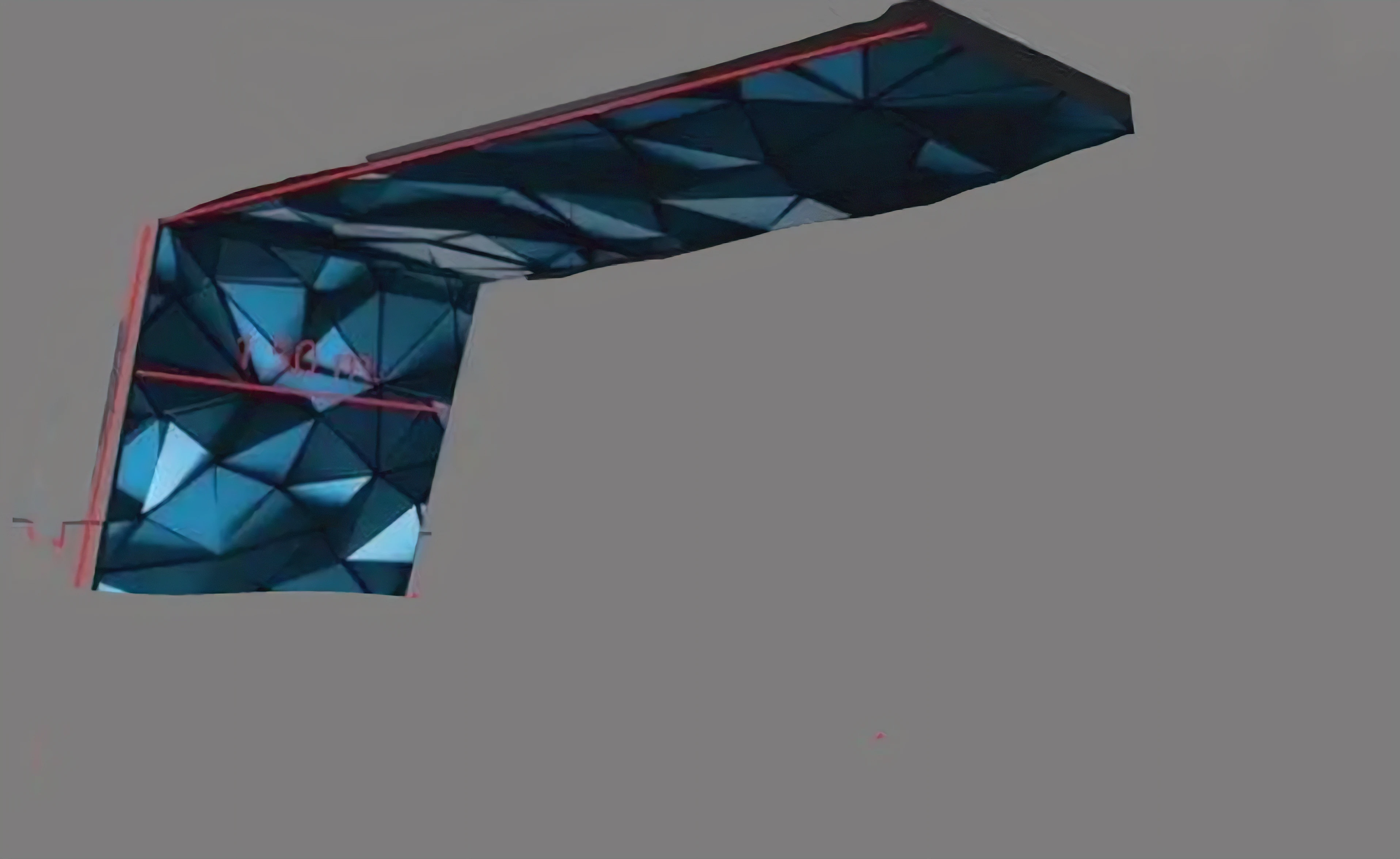 Roof design, L shape, size 2.5*1.5 meters connected to size 6*1.5 meters trangle glass blue and purple, make an angle, Show results, Concept illustration, make an angle walls, Architectural concepts, Detailed geometry, Detailed structure, Parametric structure, การShow resultsแนวความคิด, Inspired by Jacques Villon, Feathers made of geometric shapes, 3D structure, 3/4 view from below, Computer generated, mesh structure It&#39;s a product booth roof.