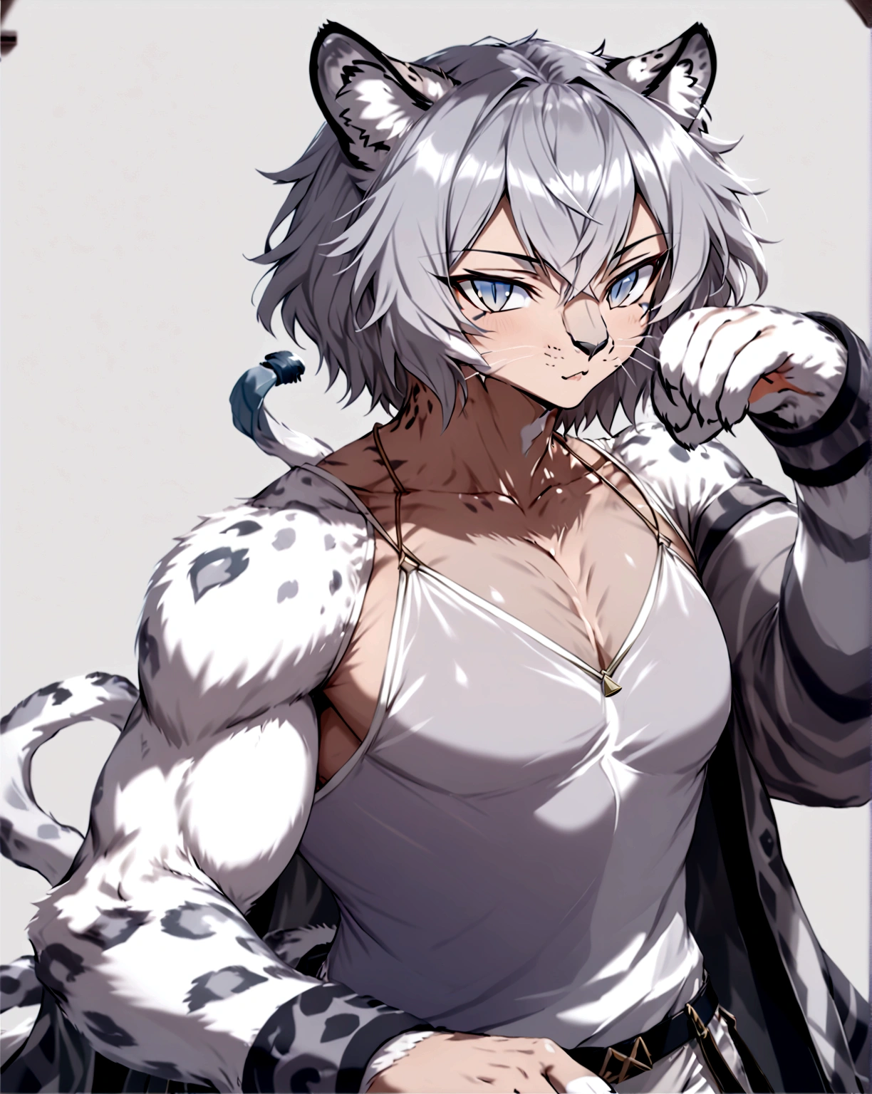 muscular man with snow leopard ears and tail