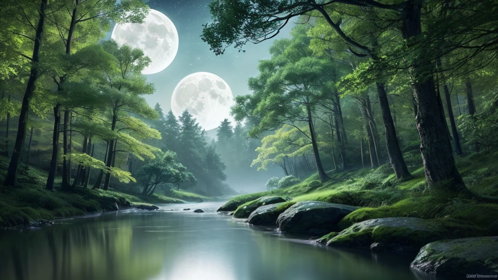 Prompt (English): "A serene landscape with a full moon, soft clouds, and stars; a warm, dimly lit bedroom with a comfortable bed and soft pillows; a tranquil forest scene with a gentle stream and ambient glow."
Negative Prompt (English): "No bright colors, clutter, or high-contrast elements."