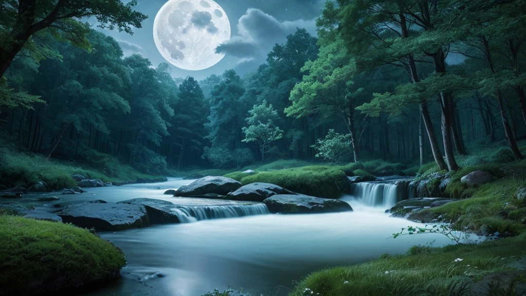 Prompt (English): "A serene landscape with a full moon, soft clouds, and stars; a warm, dimly lit bedroom with a comfortable bed and soft pillows; a tranquil forest scene with a gentle stream and ambient glow."
Negative Prompt (English): "No bright colors, clutter, or high-contrast elements."