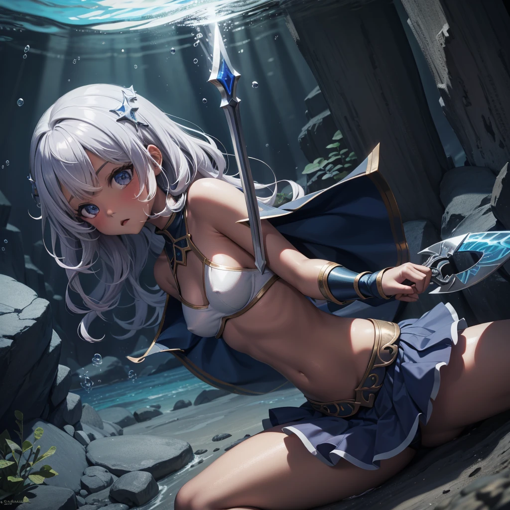 最high quality、high quality、Simple Cloth Armor、Chibi Girl Adventurer、Tiny breasts、Pitch-dark underground labyrinth、No light、skirt、Equipped with a dagger and a shield, Head above water、Lower body underwater, Underwater photography、浮力でskirt捲れる