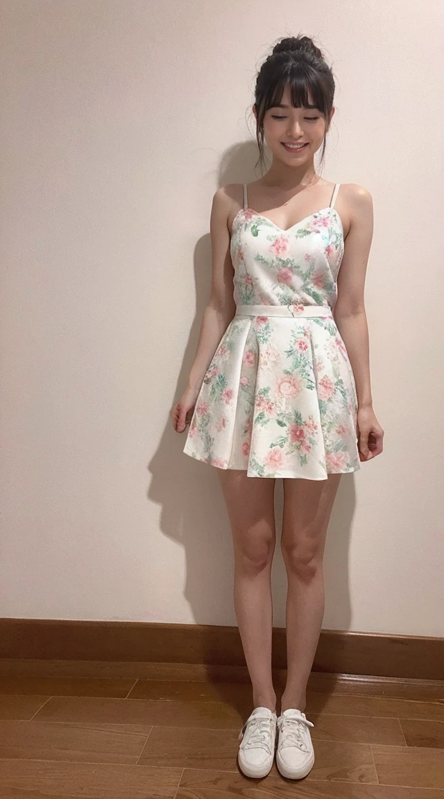Sharp lines,Highest quality, Masterpiece、High-quality photos、Canon Photo Crystal Clear ,(Realistically:1.2), (Floral mini skirt dress)、Sassy pose、Take a full body photo、sweat, blush, closed eyes, open mouth,smile、Gorgeous hairstyle