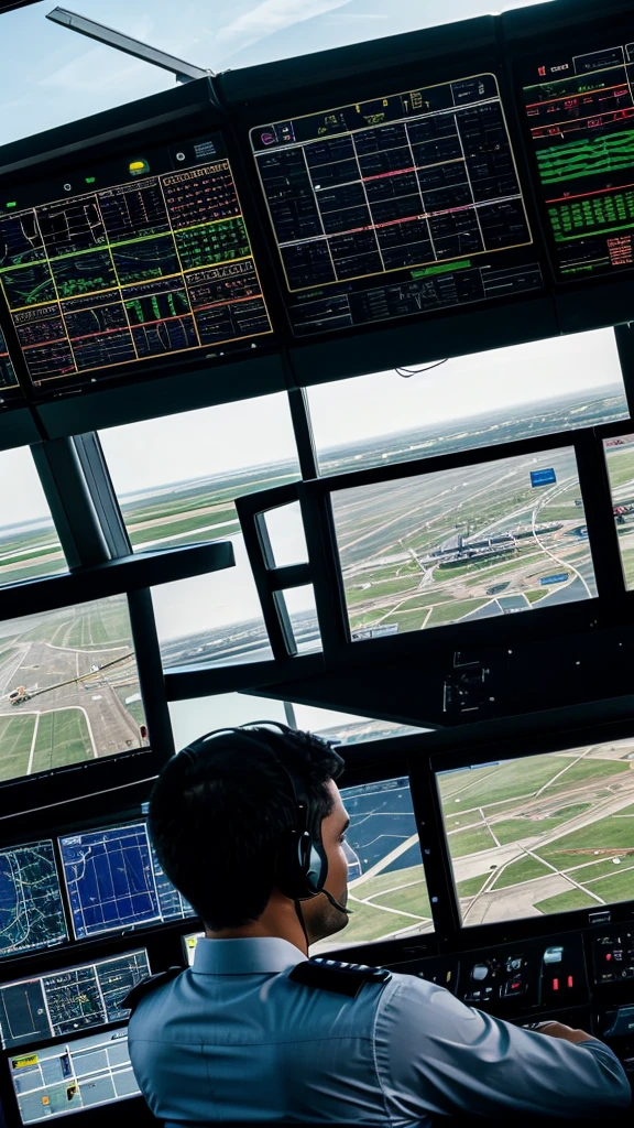 Air traffic control tower with controllers looking stressed, communicating with an airplane in distress.”