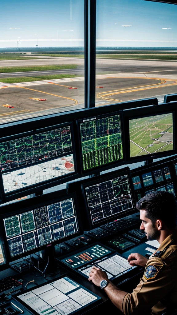Air traffic control tower with controllers looking stressed, communicating with an airplane in distress.”