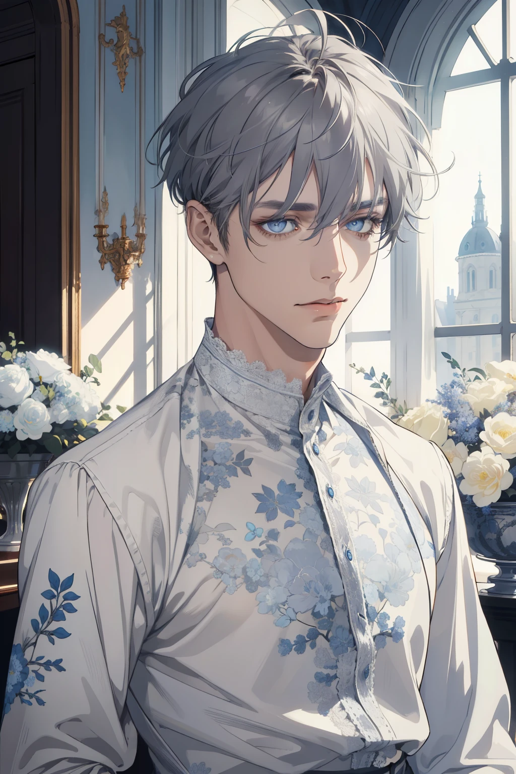 1 man, Realistic, master-piece, bestquality, Beautiful, detailed eyes and detailed faces.,natural light, European retro, White shirt, lace, Long dark grey hair, blue grey eyes, attractive, depressed, Decorative flowers, sunbeam, 31 years.