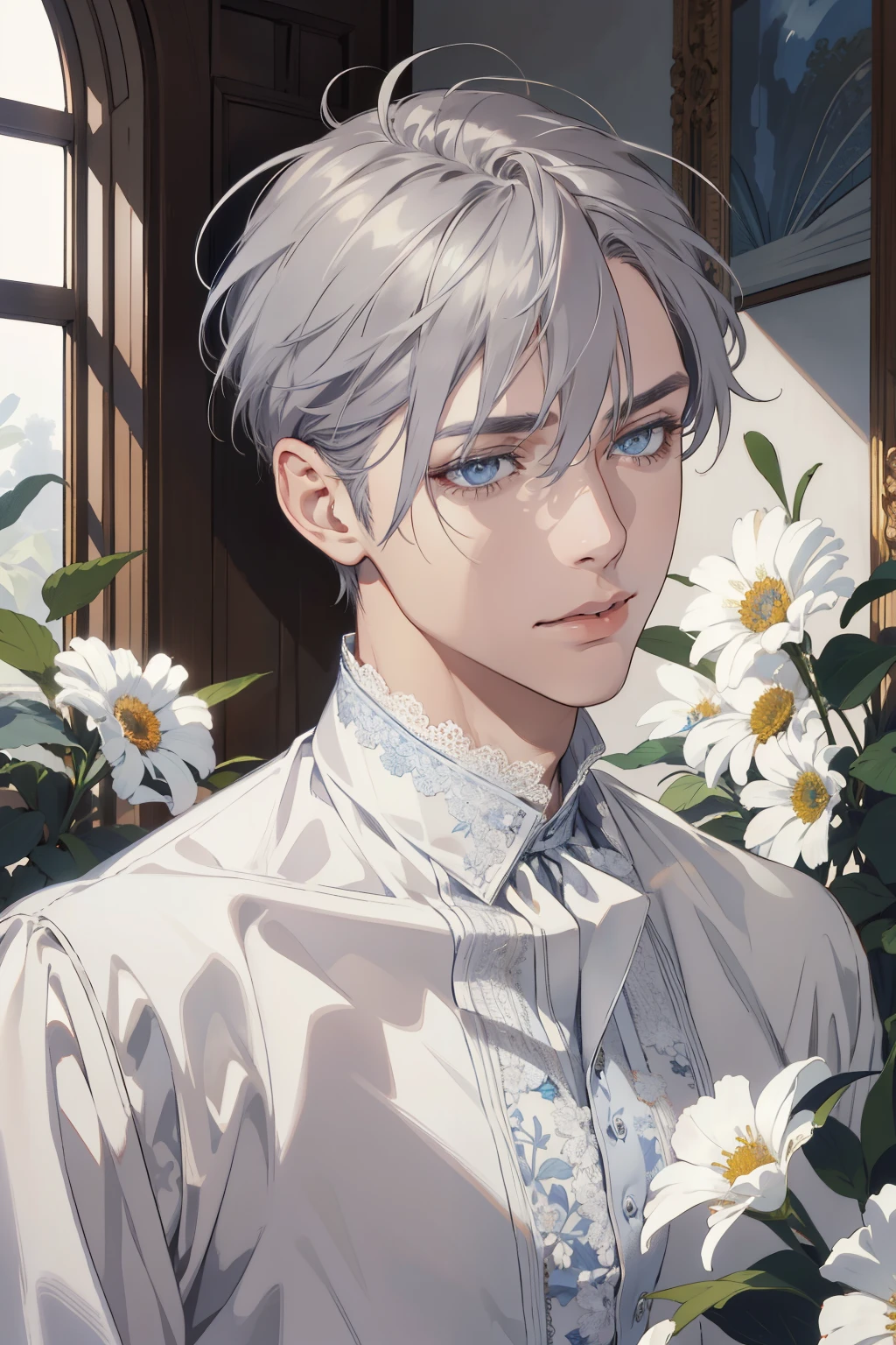1 man, Realistic, master-piece, bestquality, Beautiful, detailed eyes and detailed faces.,natural light, European retro, White shirt, lace, Long dark grey hair, blue grey eyes, attractive, depressed, Decorative flowers, sunbeam, 31 years.