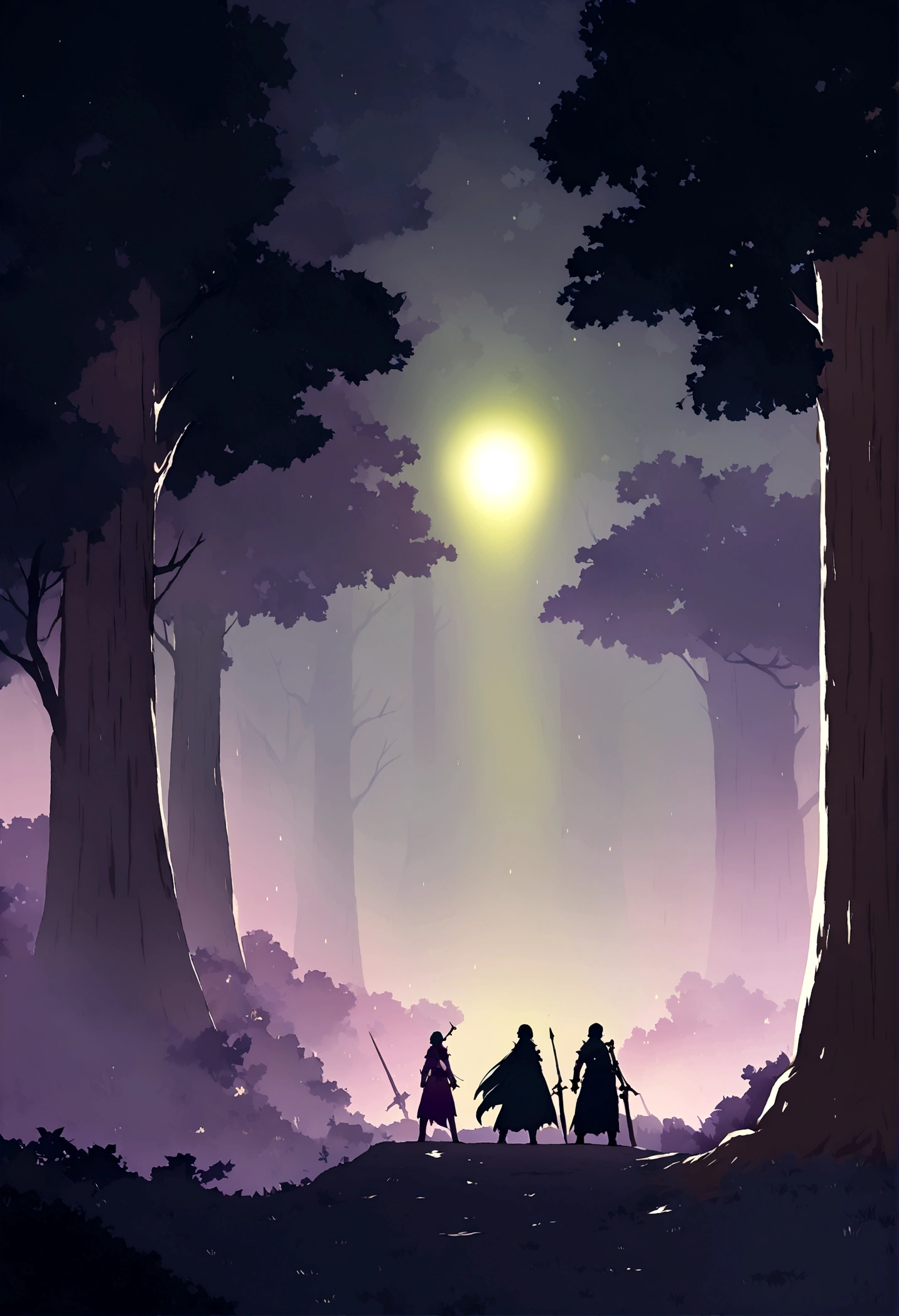 Background art for 2D game, Background, high qualiy, hd illustration, Fundo do jrpg, rpg, scenery, Game scenario, anime styling, jrpg, (((simple colors))), ((No Gradient)), forest, night