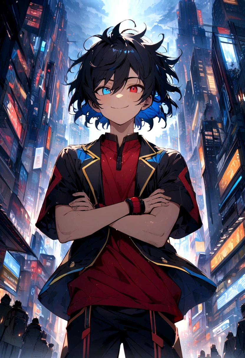 age boy, crossed arms, big spiky black hair with blue highlights, long bangs with more light blue highlights, dark blue and brown heterochromatic eye, smile of excitement, dark red short-sleeved shirt with wing details, Loose black jacket positioned on the back and large with light blue details, black pants with yellow details, red sneakers with blue details, lot of details, scenery of a city with skyscrapers in a rainy sky full of lightning around