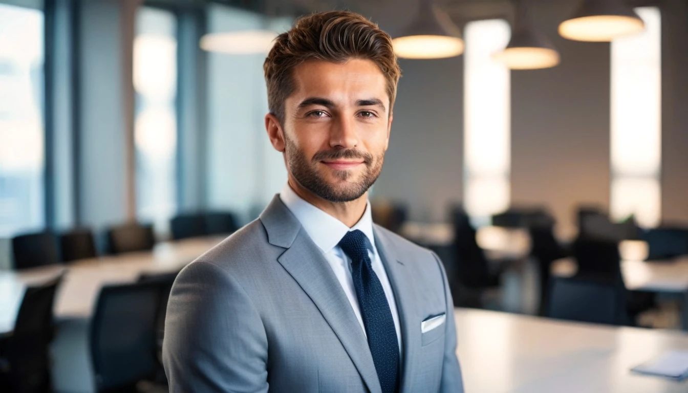 A confident man stands tall in a minimalist office setting, sharply in focus. He is dressed in a full smart office suit and has a confident smile on his face. The modern furnishings around him are blurred in motion, creating a beautiful bokeh effect in the background.