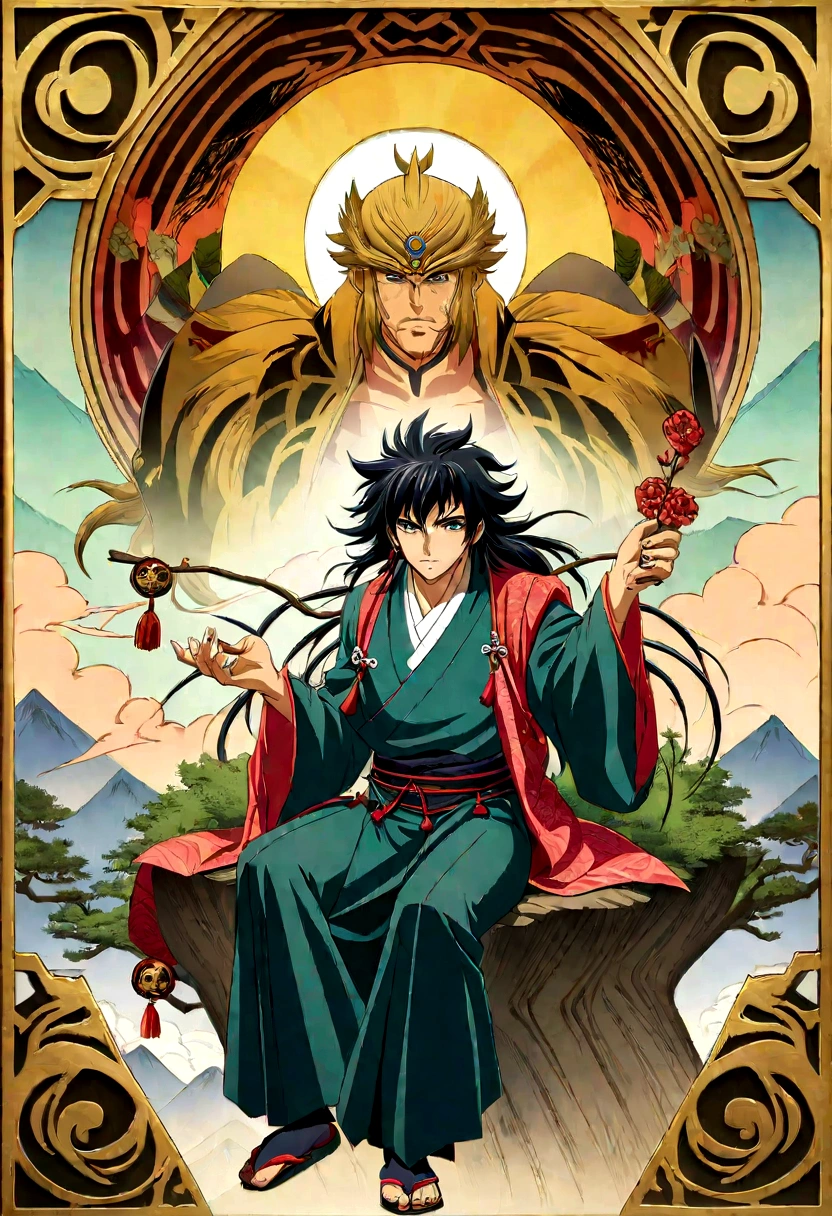 anime character sitting in the middle of a tree with a stick in his hand, handsome guy in demon slayer art, anime fantasy illustration, tall anime guy with blue eyes, anime fantasy artwork, ( ( god king of ai art ) ), full art illustration, hijikata toushirou of gintama, anime tribal boy with long hair, shirow masamune, dramatic portraiture of uuen, sengoku - era art style, onmyoji detailed art, okita sougo, kano tan'yu, full art, anime picture, highly detailed exquisite fanart, handsome japanese demon boy, sun wukong, hijikata toushirou