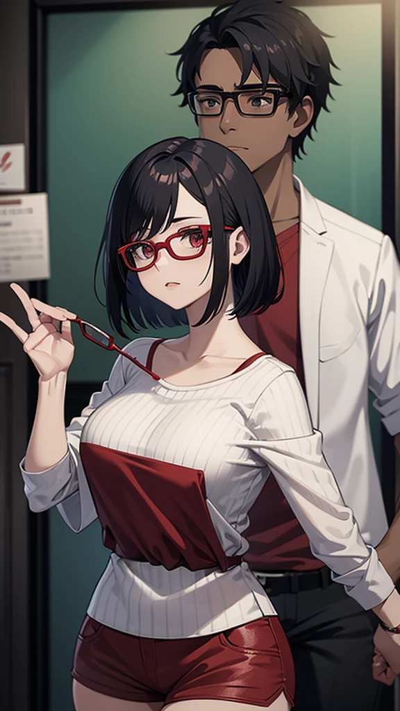Woman with red over-the-shoulder bob hair wearing glasses with a loose blouse and low-breasted shorts, and a dark-skinned male friend who wears glasses, low hair with everyday clothes, They're together