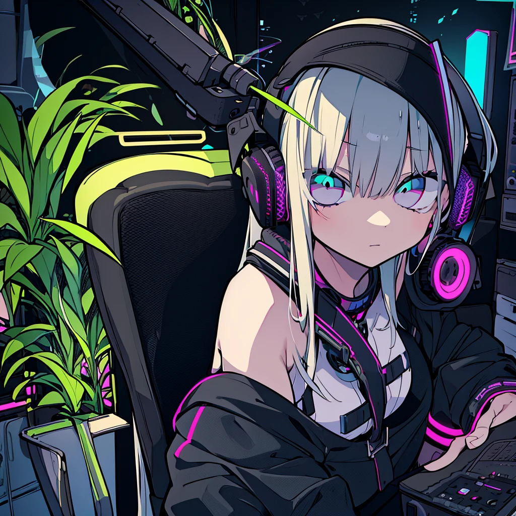 Best quality, (masterpiece:1.2), best detail face, 1 girl, big breasts, 18 yo, 8k,absurdres,unity 8k wall paper,(extremely detailed:1.3), highest realistic, (simple headphones:1.1), (soft neon light:1.1), (floating hair:1.2), (psychedelic:1.2), Her room full of music equipment and plants, Leaning back on the chair with a casual attitude, Light clothing in summer, dark color palette, blonde mesh hair color
