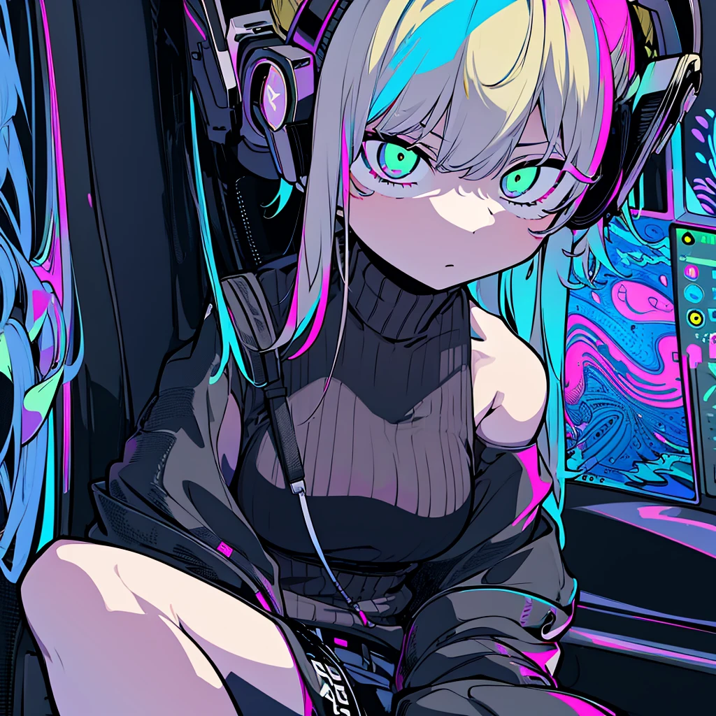 Best quality, (masterpiece:1.2), best detail face, 1 girl, big breasts, 18 yo, 8k,absurdres,unity 8k wall paper,(extremely detailed:1.3), highest realistic, (simple headphones:1.1), (soft neon light:1.1), (floating hair:1.2), (psychedelic:1.2), Her room full of music equipment and plants, Leaning back on the chair with a casual attitude, Light clothing in summer, dark color palette, blonde mesh hair color