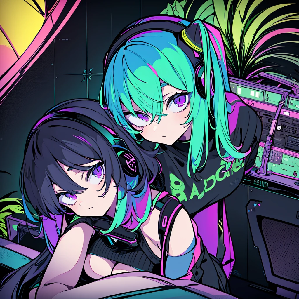 Best quality, (masterpiece:1.2), best detail face, 1 girl, big breasts, 18 yo, 8k,absurdres,unity 8k wall paper,(extremely detailed:1.3), highest realistic, (simple headphones:1.1), (soft neon light:1.1), (floating hair:1.2), (psychedelic:1.2), Her room full of music equipment and plants, Leaning back on the chair with a casual attitude, Light clothing in summer, dark color palette, blonde mesh hair color
