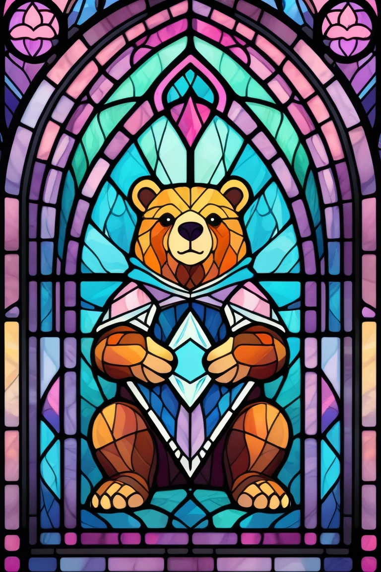 2D Stained Glass soft,pastel colors,poler bear in window frame. dungeons and dragons art. symmetrical design, in the style of stained glass. Digital stained glass style. pastel color scheme