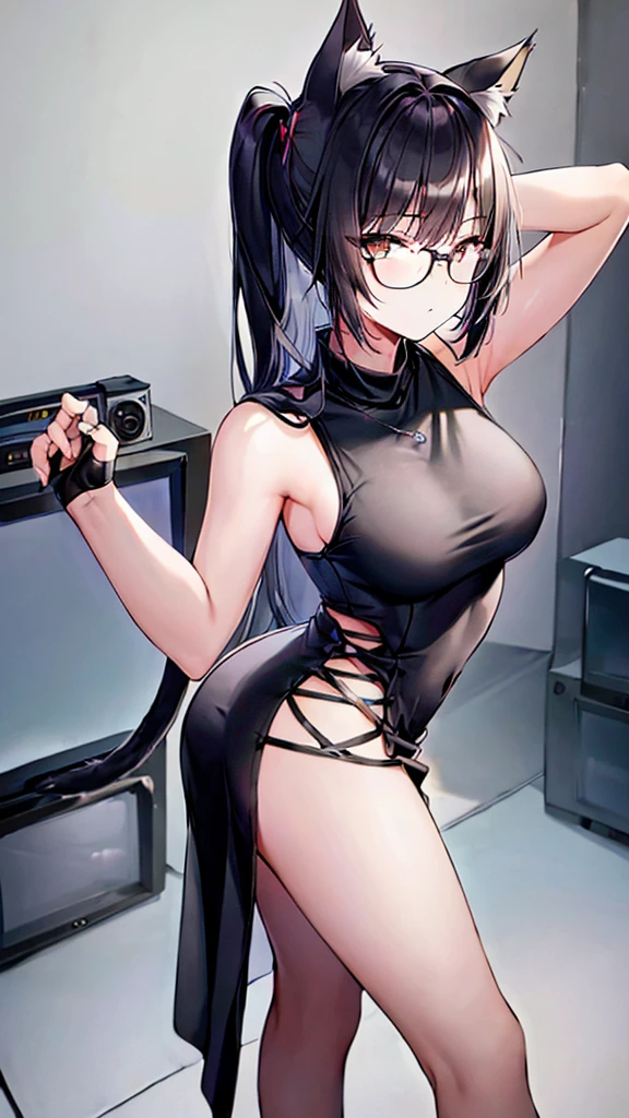 A 20-year-old cat girl with long black hair, gray eyes, cat ears and a cat tail, wears glasses, black long dresses sexy, sleeveless