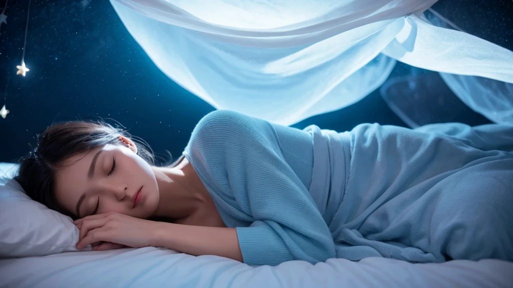 Prompt (English): "A soothing moonlit night with soft clouds and stars, a calming blue palette, with a gentle silhouette of a person sleeping under a blanket."
Negative Prompt (English): "No harsh lines, bright colors, or busy backgrounds."