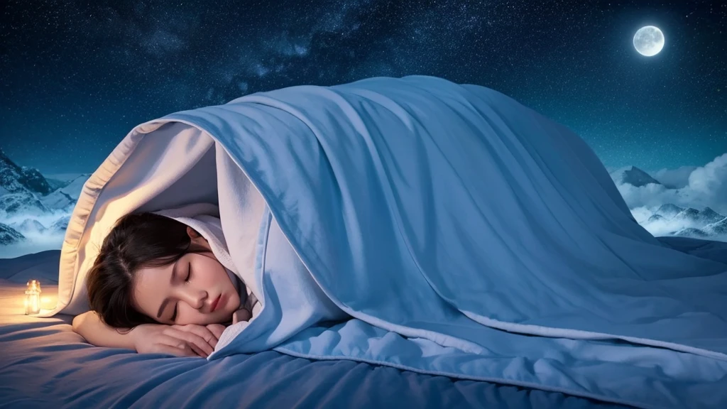 Prompt (English): "A soothing moonlit night with soft clouds and stars, a calming blue palette, with a gentle silhouette of a person sleeping under a blanket."
Negative Prompt (English): "No harsh lines, bright colors, or busy backgrounds."