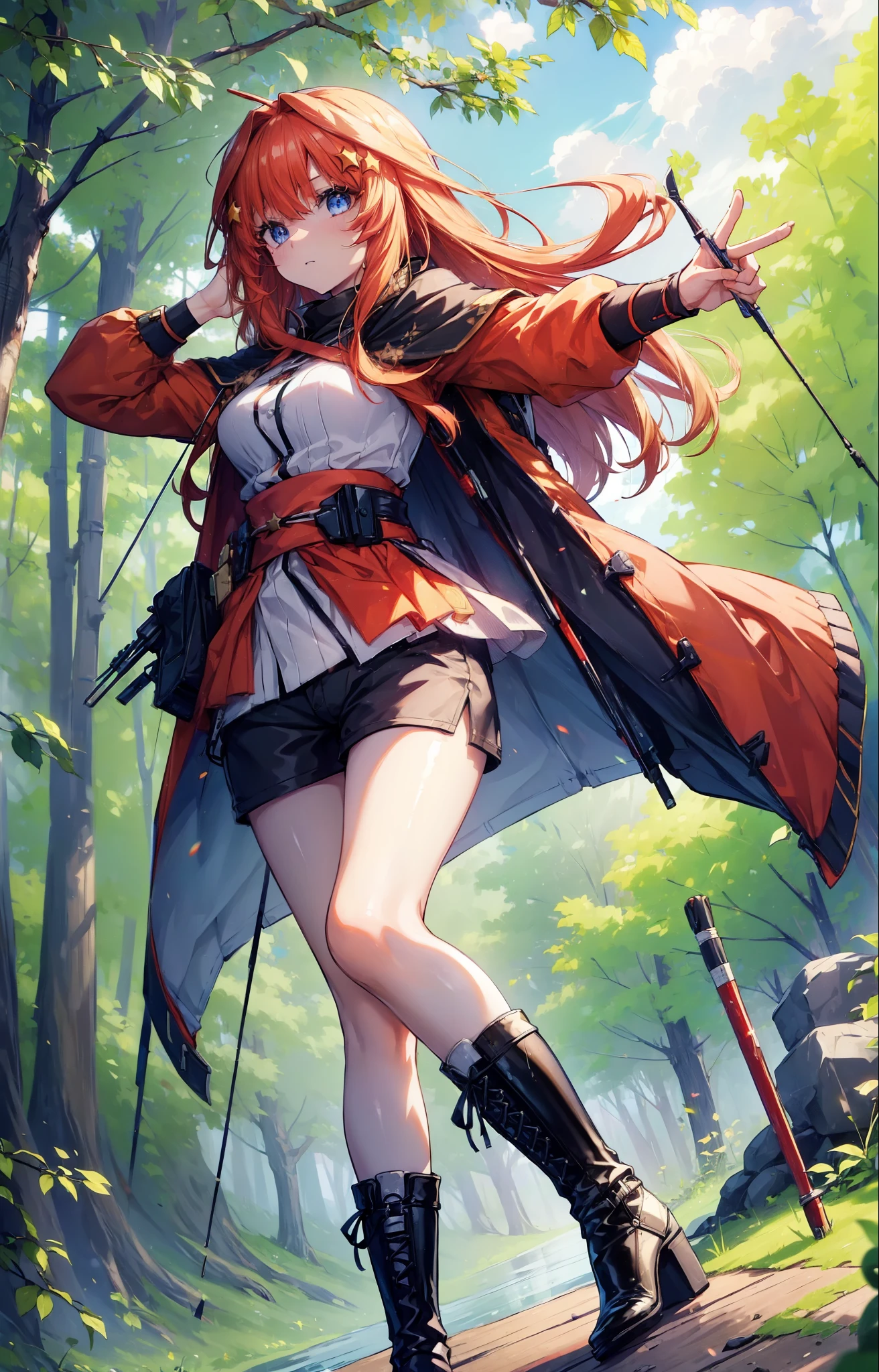 itsukinakano, itsuki nakano, bangs, blue eyes, Hair between the eyes, Redhead, star \(symbol\), hair ornaments, star hair ornaments,Long Hair,Owns an archery grip in the right hand,Carrying an archery bag,He has a quiver on one side, boots, Cape,gloves, red Knee socks, High heels, Shorts, Knee socks,whole bodyがイラストの中に入っていくように,歩いている
break outdoors, forest,forest林, break looking at viewer,whole body, 
break (masterpiece:1.2), Highest quality, High resolution, unity 8k wallpaper, (shape:0.8), (Fine and beautiful eyes:1.6), Highly detailed face, Perfect lighting, Highly detailed CG, (Perfect hands, Perfect Anatomy),