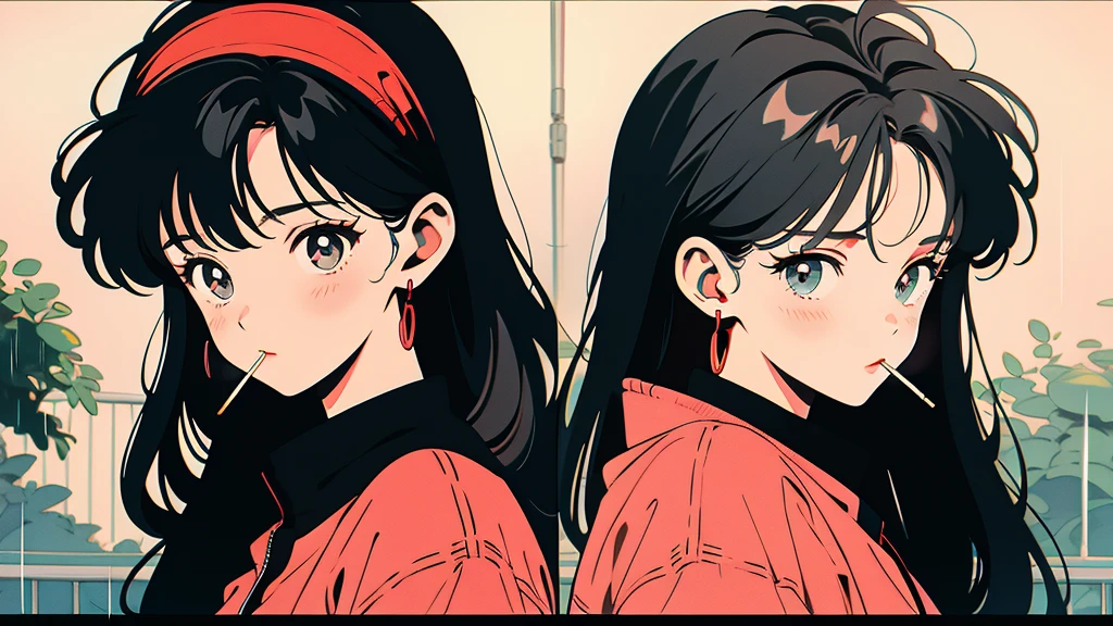 Photo of an anime-style girl listening to jazz. The girl has big eyes, Black Hair, Wearing a red hairband.It's raining、Smoking a cigarette while holding an umbrella