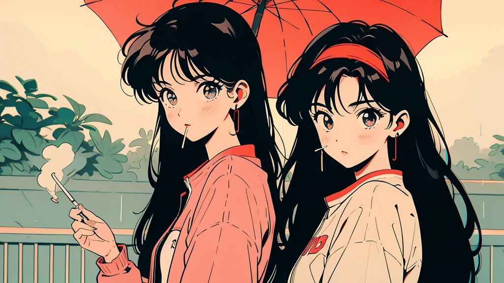 Photo of an anime-style girl listening to jazz. The girl has big eyes, Black Hair, Wearing a red hairband.It's raining、Smoking a cigarette while holding an umbrella