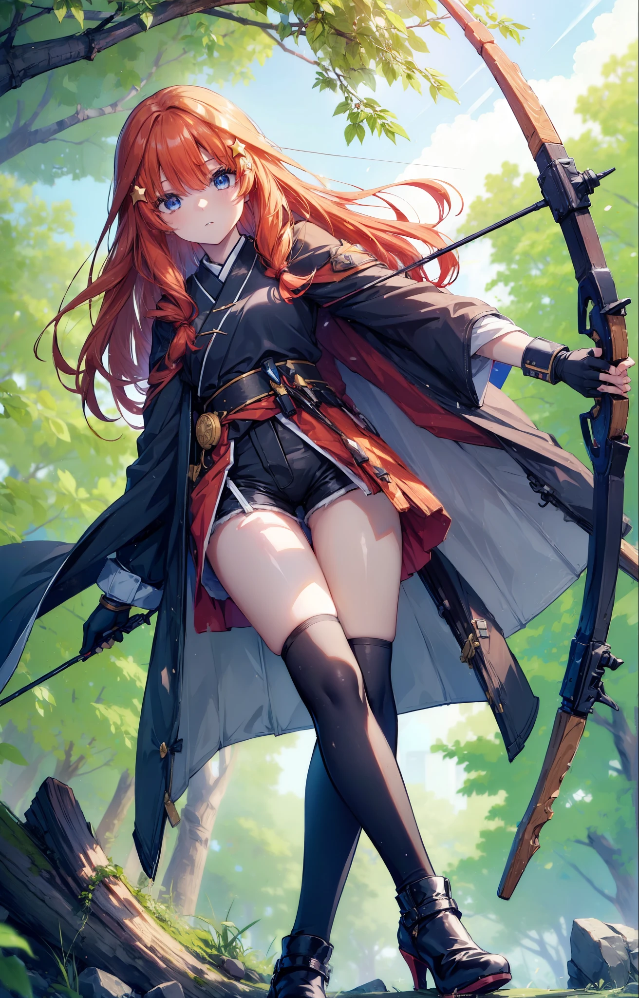 itsukinakano, itsuki nakano, bangs, blue eyes, Hair between the eyes, Redhead, star \(symbol\), hair ornaments, star hair ornaments,Long Hair,Owns an archery grip in the right hand,Carrying an archery bag,He has a quiver on one side, boots, Cape,gloves, red Knee socks, High heels, Shorts, Knee socks,whole bodyがイラストの中に入っていくように,歩いている
break outdoors, forest,forest林, break looking at viewer,whole body,
break (masterpiece:1.2), Highest quality, High resolution, unity 8k wallpaper, (shape:0.8), (Fine and beautiful eyes:1.6), Highly detailed face, Perfect lighting, Highly detailed CG, (Perfect hands, Perfect Anatomy),