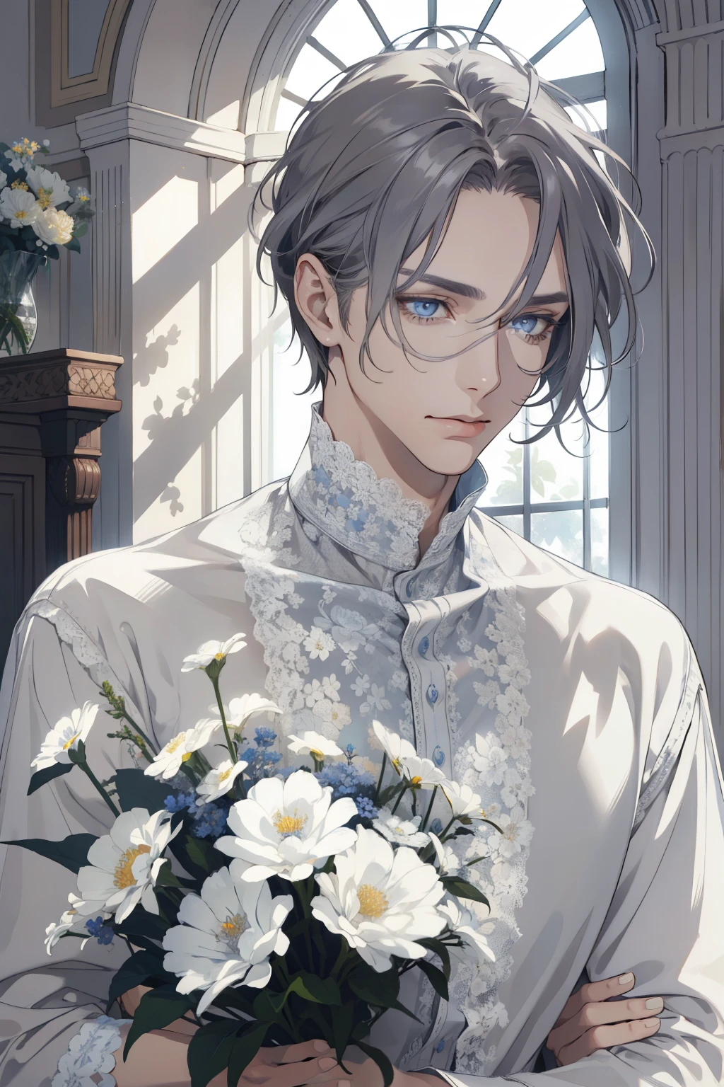 1 man, Realistic, master-piece, bestquality, Beautiful, detailed eyes and detailed faces.,natural light, European retro, White shirt, lace, Long dark grey hair, blue grey eyes, attractive, depressed, Decorative flowers, sunbeam, 31 years.