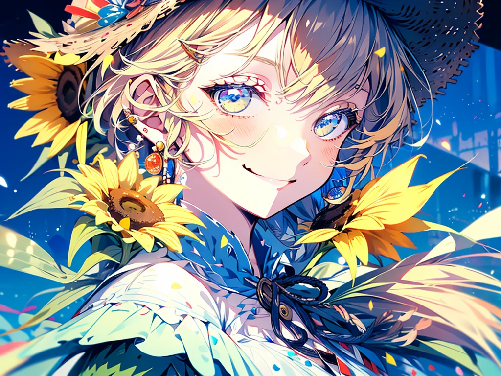 girl、1 person、1 personで、ponytail、long、Earrings、Straw hat、Blonde、smile、one piece、masterpiece、Highest quality、sunflower
