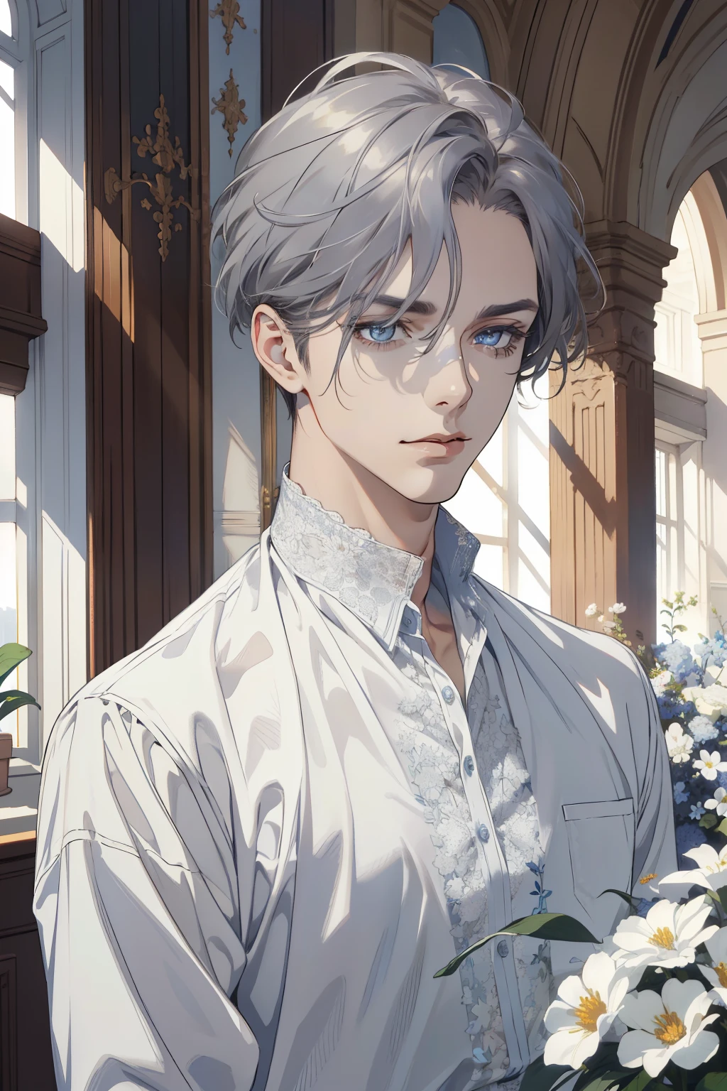 1 man, Realistic, master-piece, bestquality, Beautiful, detailed eyes and detailed faces.,natural light, European retro, White shirt, lace, Long dark grey hair, blue grey eyes, attractive, depressed, Decorative flowers, sunbeam, 31 years.