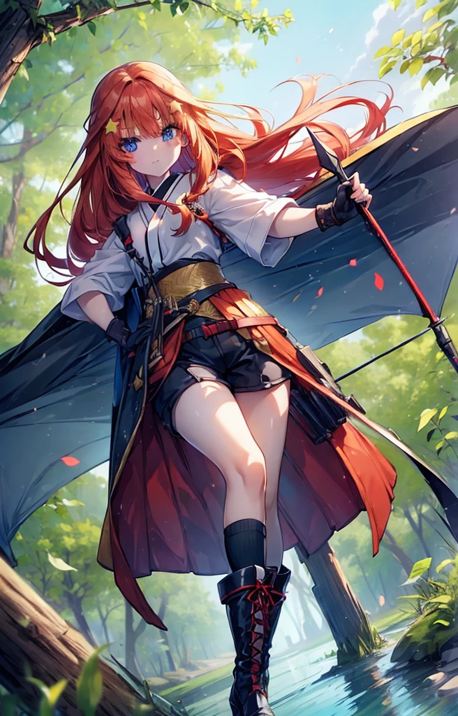 itsukinakano, itsuki nakano, bangs, blue eyes, Hair between the eyes, Redhead, star \(symbol\), hair ornaments, star hair ornaments,Long Hair,Owns an archery grip in the right hand,Carrying an archery bag,He has a quiver on one side, boots, Cape,gloves, red Knee socks, High heels, Shorts, Knee socks,whole bodyがイラストの中に入っていくように,歩いている
break outdoors, forest,forest林, break looking at viewer,whole body, 
break (masterpiece:1.2), Highest quality, High resolution, unity 8k wallpaper, (shape:0.8), (Fine and beautiful eyes:1.6), Highly detailed face, Perfect lighting, Highly detailed CG, (Perfect hands, Perfect Anatomy),