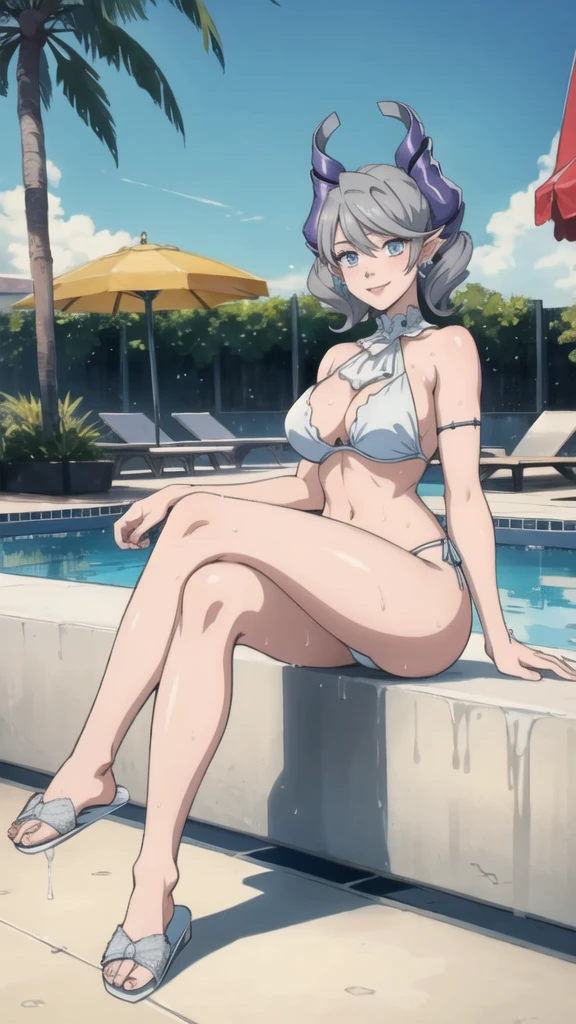 　3 girls High level image quality　best image quality　8K　 adult woman    pool party  rain　palm trees  more colors   whole body view　portrait　golden bikini   　horn    ears  　short hair（（shortcut）（gray hair）（perm）（fluffy））　eye color is blue ,  , 　attractive evil face , smile   ,  sexy pose   ,  labrynth ,  barearm     , sittings  by the pool , crossed legs  , all wet , view foot arc , view sexy slippers  , fix toes 