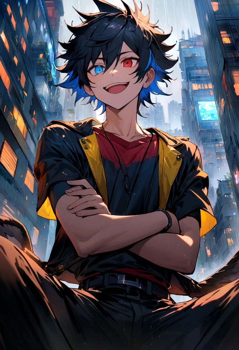 age boy, crossed arms, big spiky black hair with blue highlights, long bangs with more light blue highlights, dark blue and brown heterochromatic eye, smile of excitement, dark red short-sleeved shirt with wing details, Loose black jacket positioned on the back and large with light blue details, black pants with yellow details, red sneakers with blue details, lot of details, scenery of a city with skyscrapers in a rainy sky full of lightning around