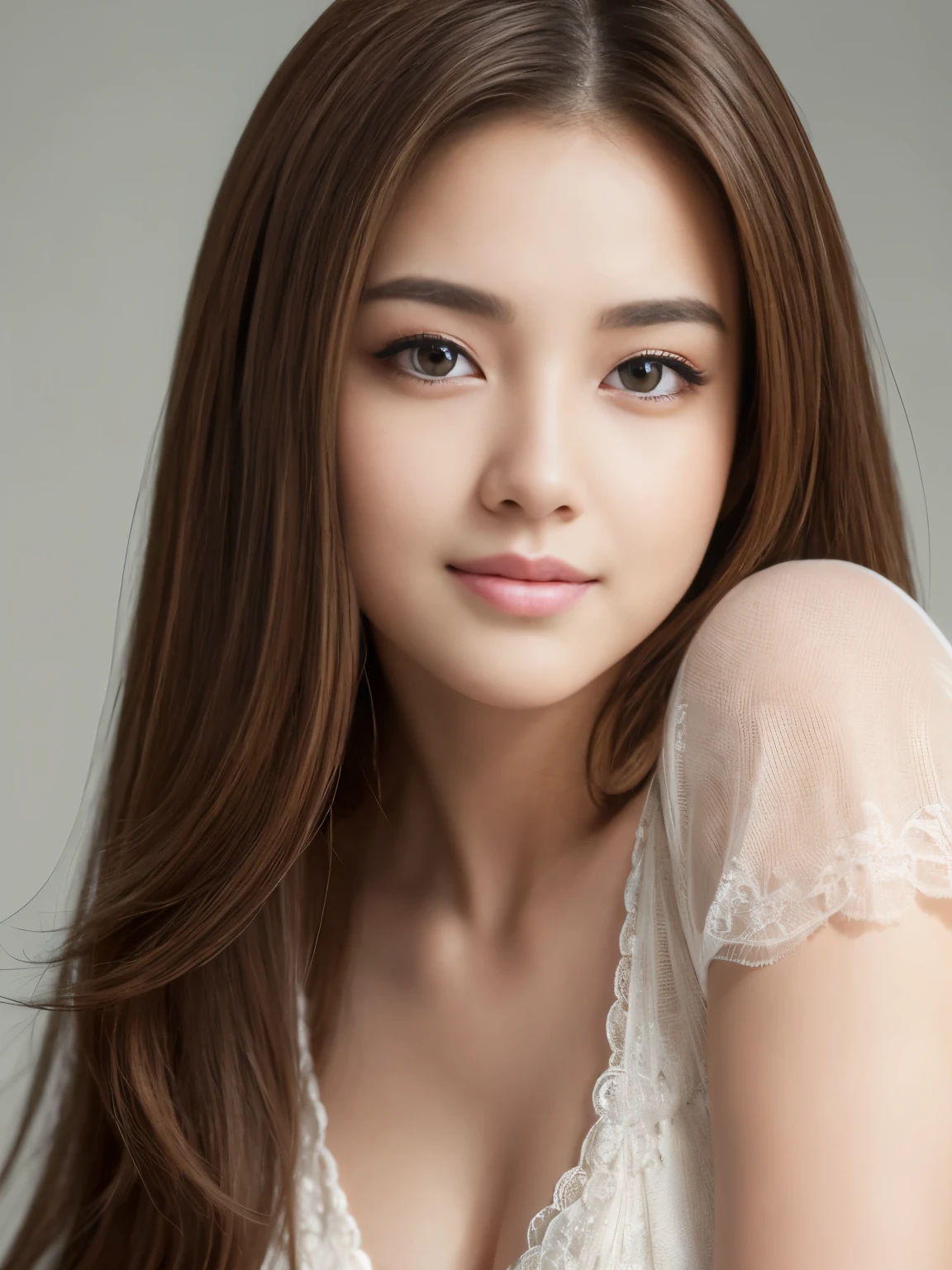 (RAW Photos), (Photorealistic), (masterpiece), (Highest quality), High resolution, 8K resolution, (Intricate details), (Light and voluminous), Portraiture, woman, Medium Hair, Straight hair, Layered Hair, Brown Hair, Highly detailed eyes, Very fine eyebrows, Highly detailed skin, Highly detailed mouth, Highly detailed nose, Cute like an idol, smile, ((Thick lips)), ((look into the viewer'Eyes)), (Shapely breasts), (Cleavage), (Elegant see-through blouse), (Westshot), Bright cafe terrace background with cityscape view, Bodies facing random directions,