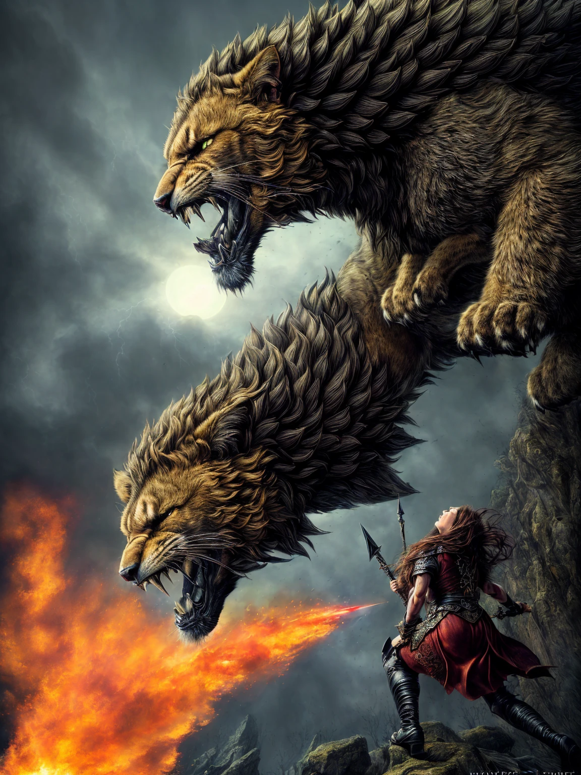 (Award-winning masterpiece:1.5), (incredible detail), (hyper realistic:1.4), (whole body:1.7), (brutal creature being struck down), (witches with bloodied weapons), (creature's roar of agony), (detailed depiction of the final strike), (dramatic lighting), (intricate details:1.1)