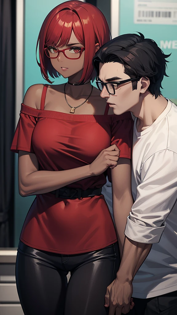 Woman with red over-the-shoulder bob hair who wears glasses with loose blouse and shorts and a dark-skinned man friend who wears glasses, low hair with everyday clothes, They're together 