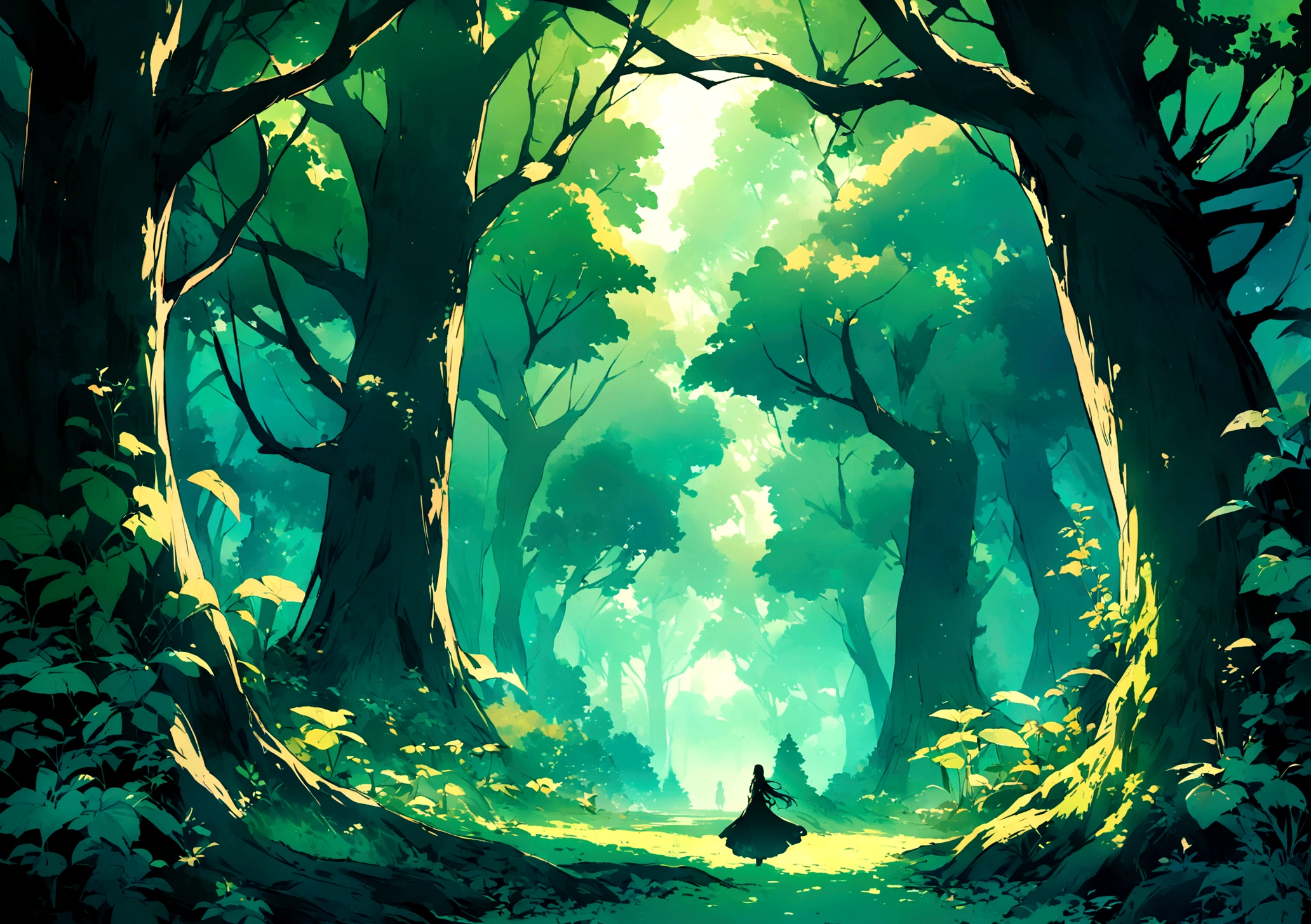 Create a high-quality, fantasy-style anime forest scene. The forest should be lush and vibrant, filled with various shades of green. Focus on the beauty of nature, with dense trees, mystical plants, and a magical ambiance. There should be no characters, just the serene and enchanting scenery of the forest, capturing the essence of an otherworldly, tranquil environment. black outlines