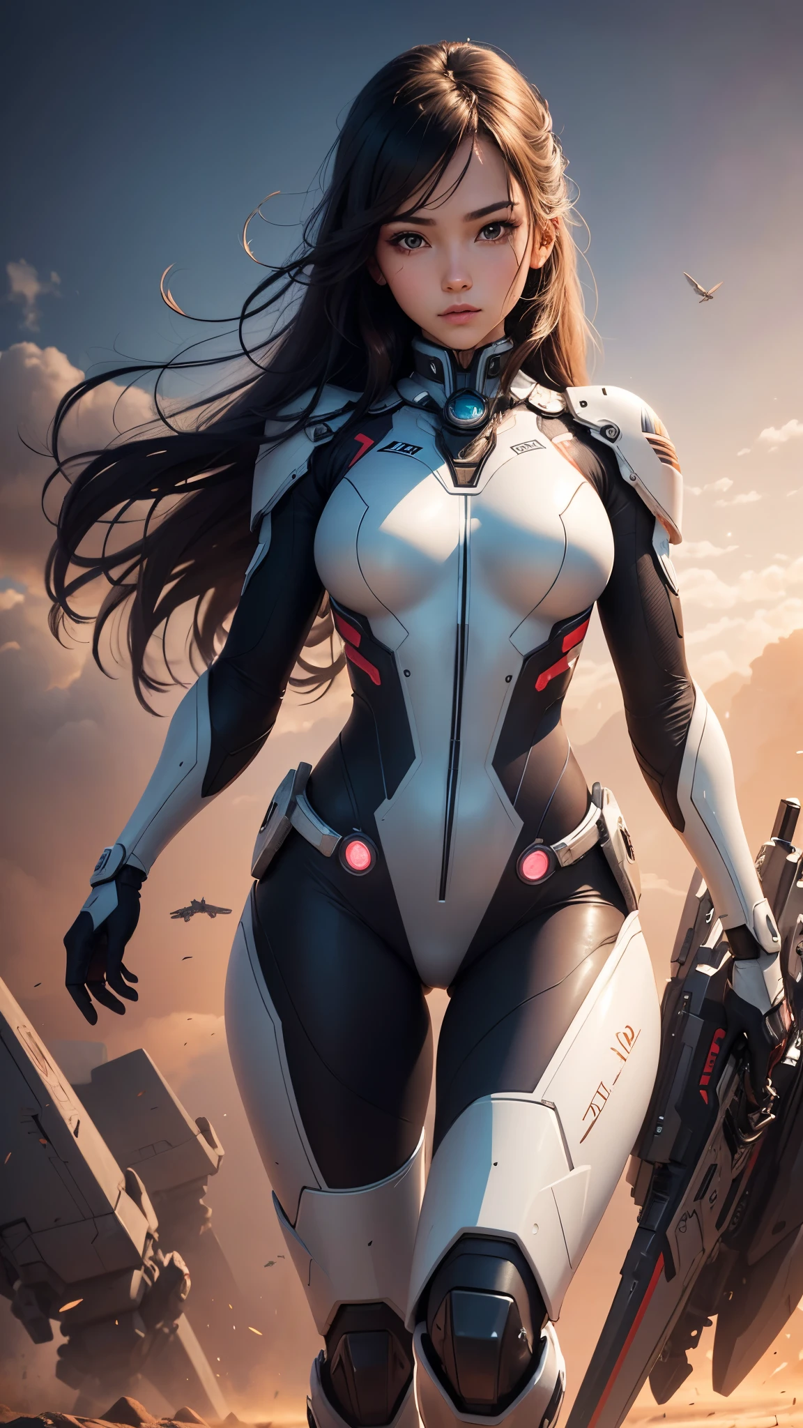 (Perfect Anatomy:1.4,Highest quality、超High resolution、High resolution、Highly detailed CG、8K Unit Wallpaper),((Biologically correct limb count))、(Symmetrical facial features))、Eyes with detailed description、Beautiful woman、Excellent style、(thin)、Facial detailing,masterpiece、Vibrant, Imaginary image of a girl in a mecha suit, ((Fly gracefully across the battlefield of the future)). The girl is full of energy, Bright colors contrast with muted hues, The mechanical beauty of the suit. The suit's vibrant colors and intricate details、Sophisticated, Mecha futuristic design.